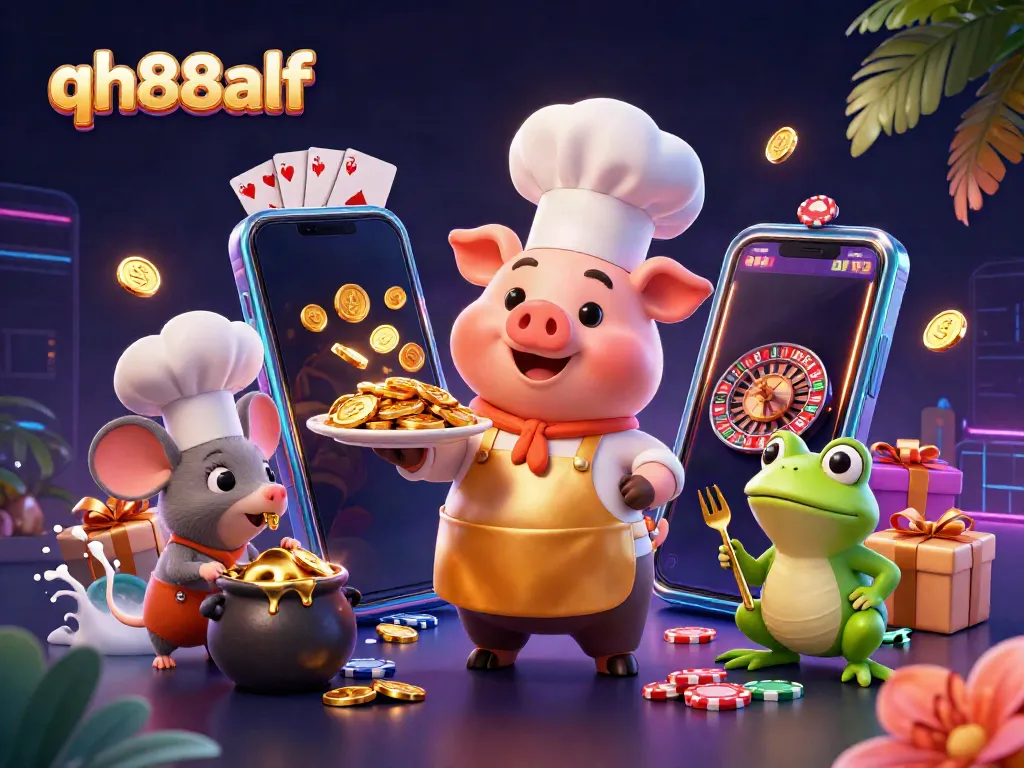 Experience thrilling gaming action with qh88alf as vibrant casino characters interact amidst a wealth of gold.