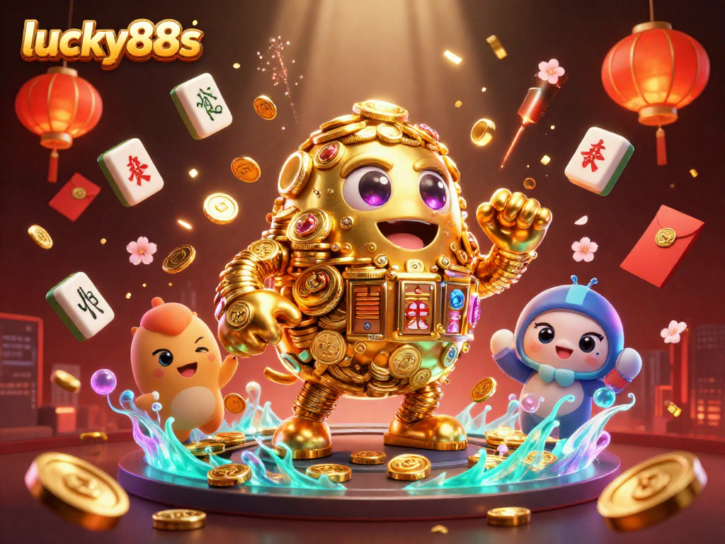 Engage in thrilling gaming action with lucky88s, featuring a vibrant golden golem and lucky casino symbols.