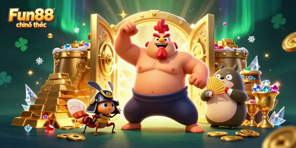 Experience thrilling Fun88 chính thức with a powerful sumo rooster, fierce cricket, and tanuki announcer in this vibrant casino scene.
