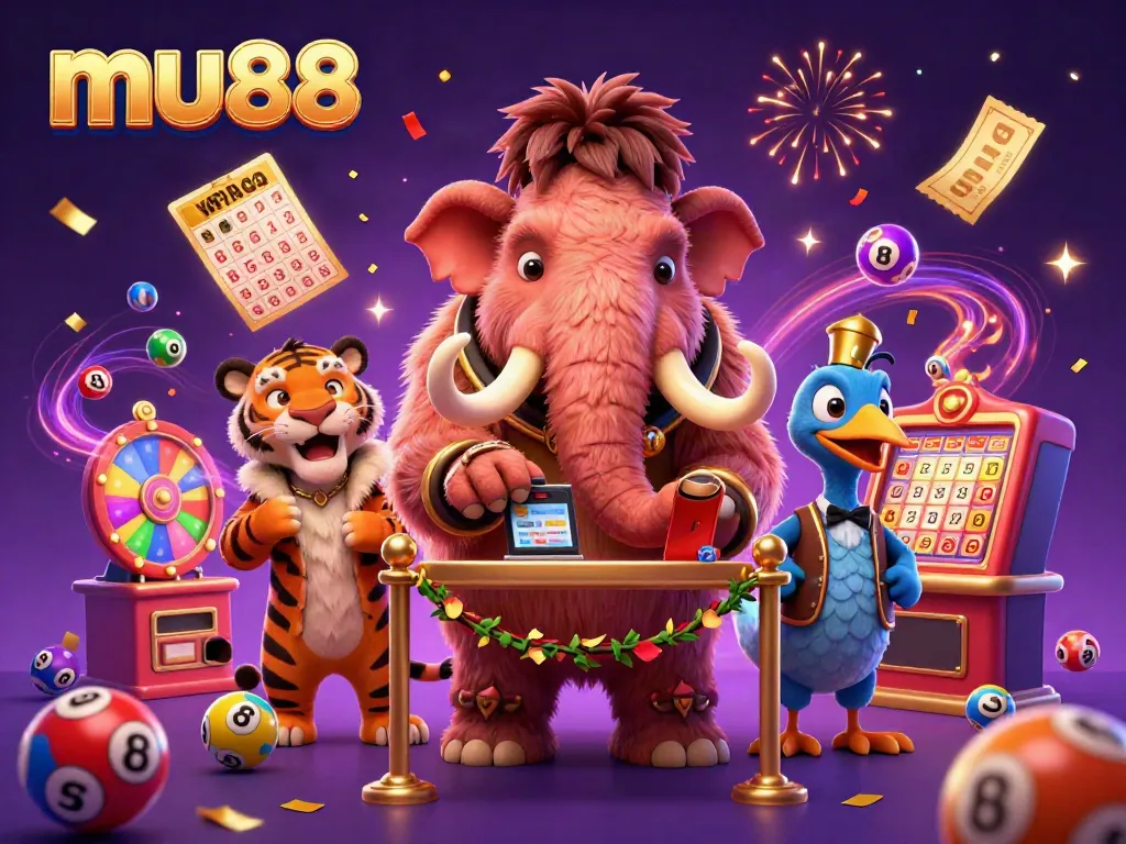 Celebrate wins at mu88 with a vibrant, energetic casino scene featuring a woolly mammoth bouncer and VIP guests.
