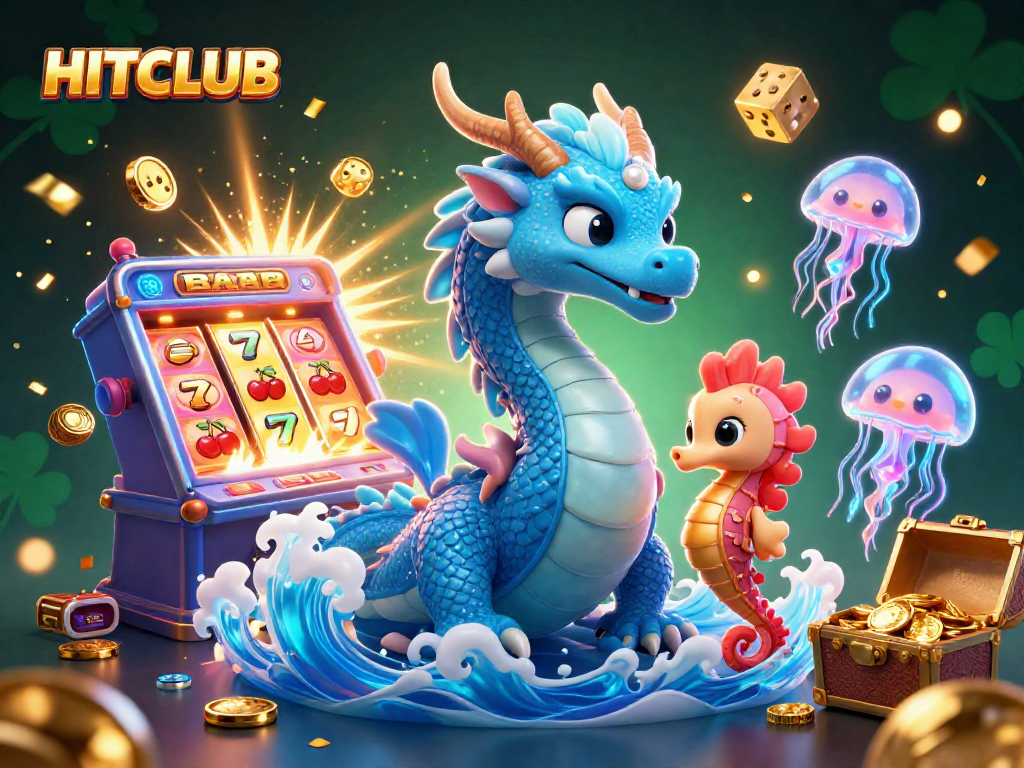 HITCLUB fantasy scene with a dragon and knight promoting vibrant casino games and jackpots.