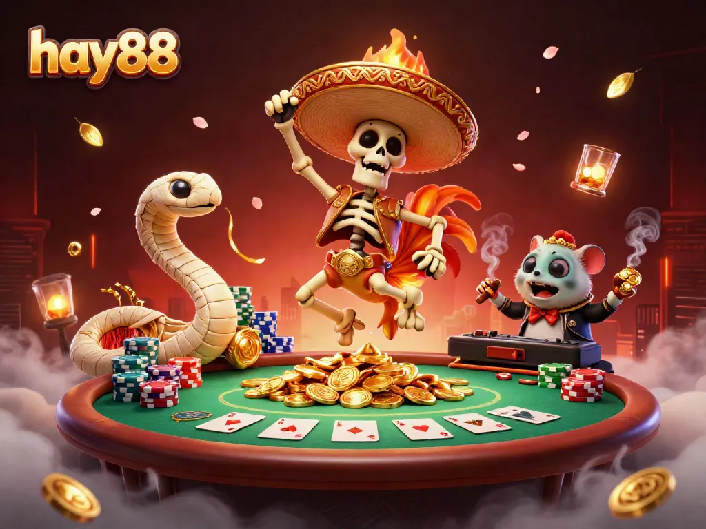 hay88 players enjoying a vibrant casino scene, with dynamic characters celebrating on golden coins.