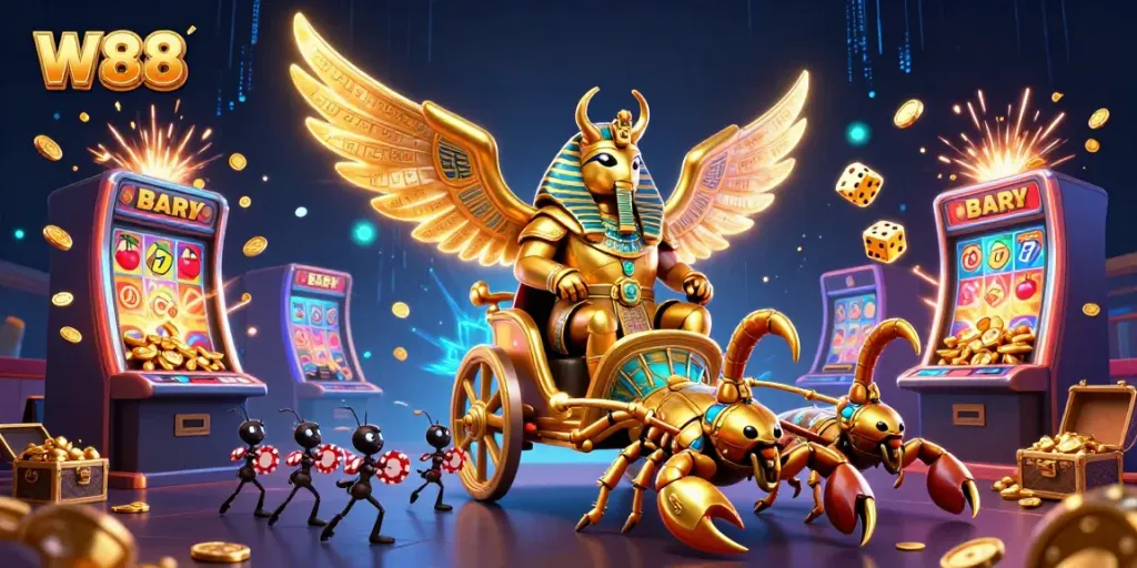 Experience thrilling opportunities at W88 with vibrant casino-themed artwork featuring slots and vibrant characters.