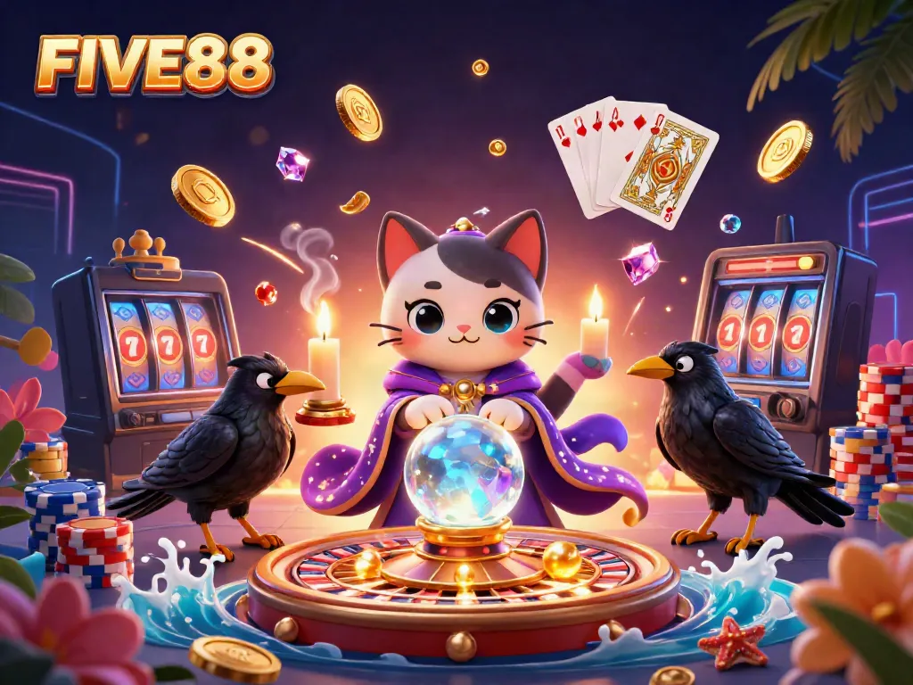 Engage with the vibrant FIVE88 casino world showcasing a fortune teller cat, raven, and dazzling casino elements.
