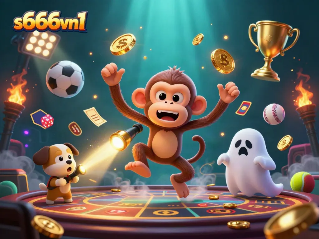 Experience the thrilling energy of s666vn1 with a mischievous ghost in a dynamic casino setting, juggled golden coins and sports elements.