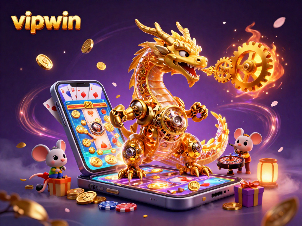 Experience the excitement of vipwin with a golden dragon, slot games, and casino elements.