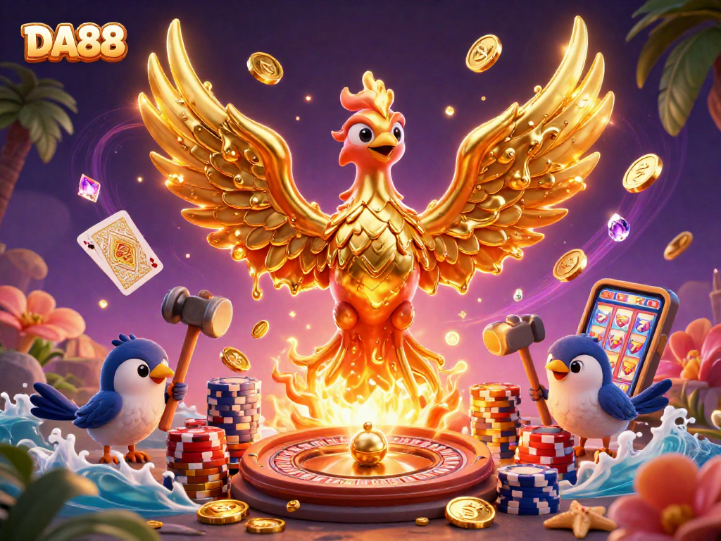 DA88 offers thrilling gaming experiences, showcasing a golden phoenix amidst dazzling casino elements.