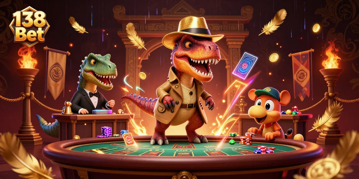 Experience thrilling moments at 138 Bet with a lively casino scene featuring cartoon dinosaurs at play.