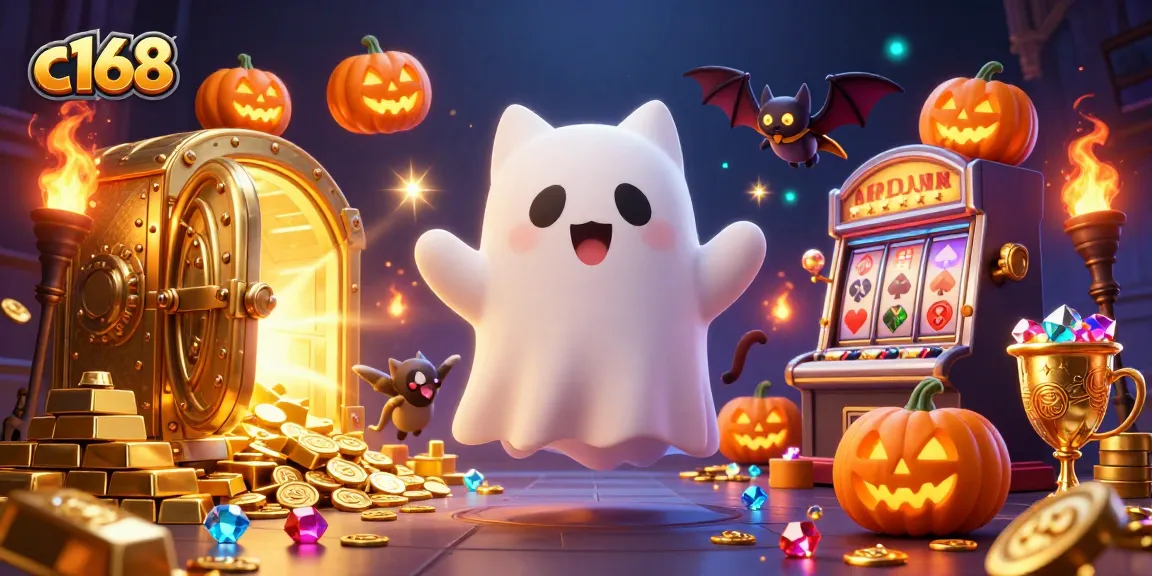 Experience thrilling gameplay with c168 in a vibrant haunted casino, featuring a ghost cat and treasure galore!