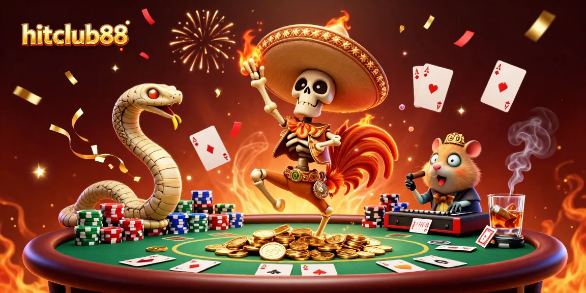 Hitclub88 brings excitement with a mariachi rooster, poker table, and confetti!