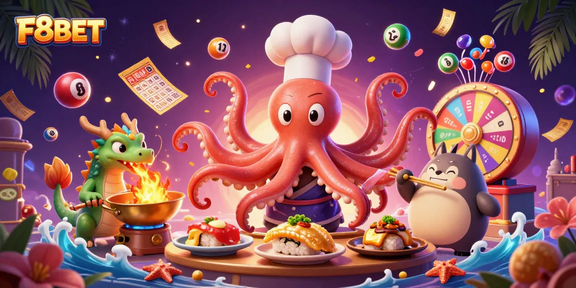 Engage with F8BET's vibrant online casino world through dynamic illustration showcasing colorful games and characters.