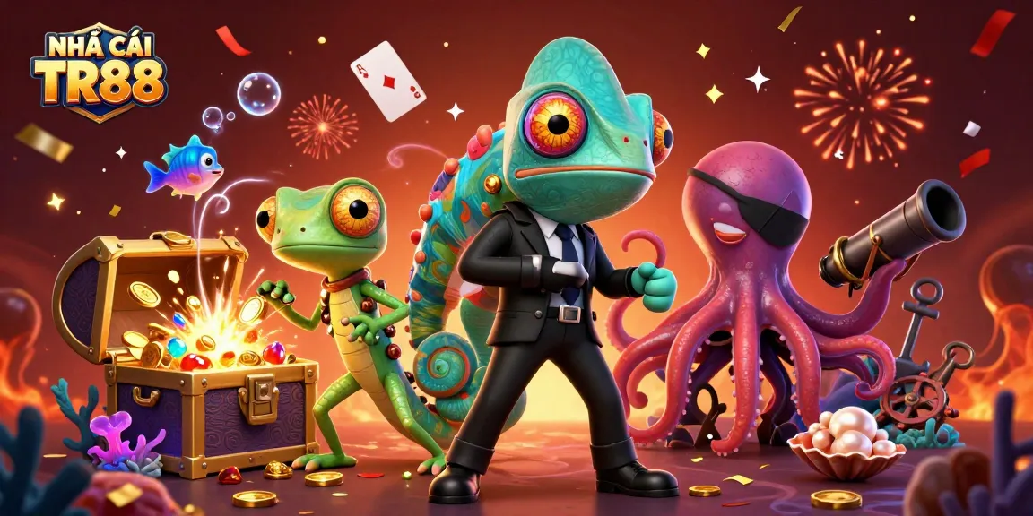 Engaging illustration of NHÀ CÁI TR88 featuring a chameleon, gecko, and octopus in a vibrant casino setting.