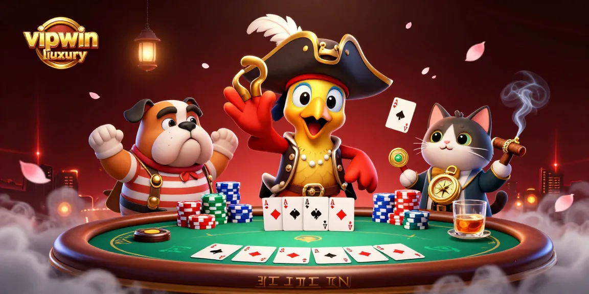 Engage with the vibrant scene at vipwin luxury, showcasing a pirate captain and friends in an exciting poker game.