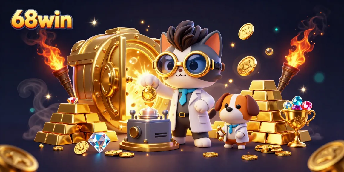 Engage with 68win's exciting gaming scene featuring vibrant characters amidst gold and jewels.