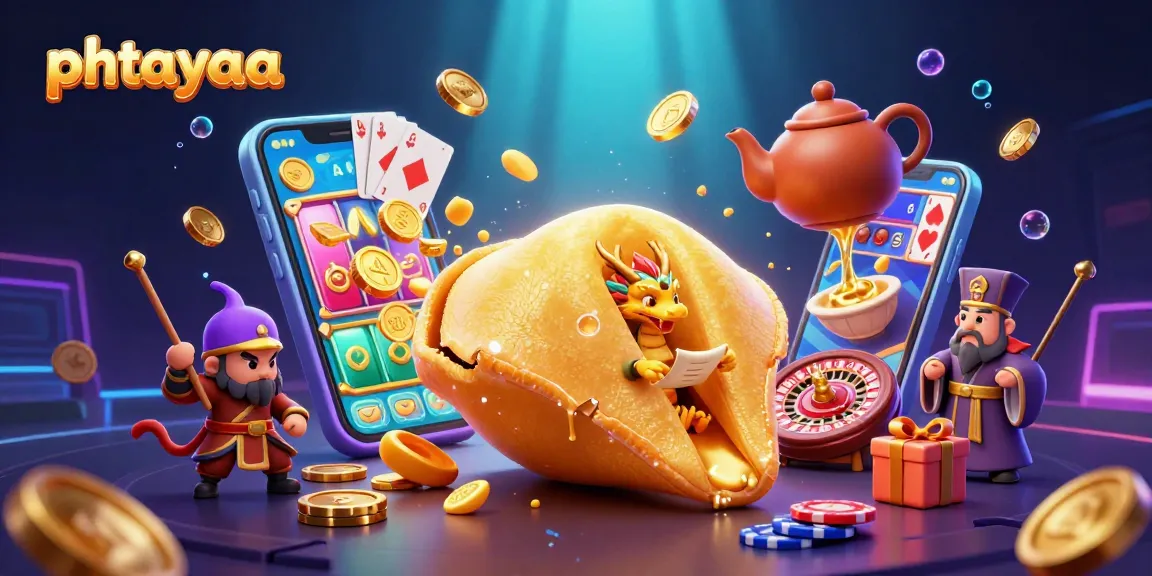 Phtayaa captivating illustration showcasing a golden fortune cookie and a wise dragon in a vibrant casino scene.