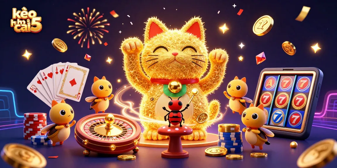 Engage with kèo nhà cái 5 as golden fireflies form a lucky cat amidst casino symbols and sparkling gems.