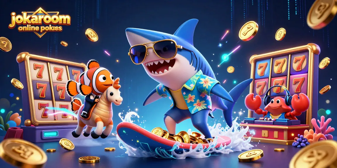 Engage with jokaroom online pokies featuring a cartoon shark surfing gold coins amidst vibrant casino elements.