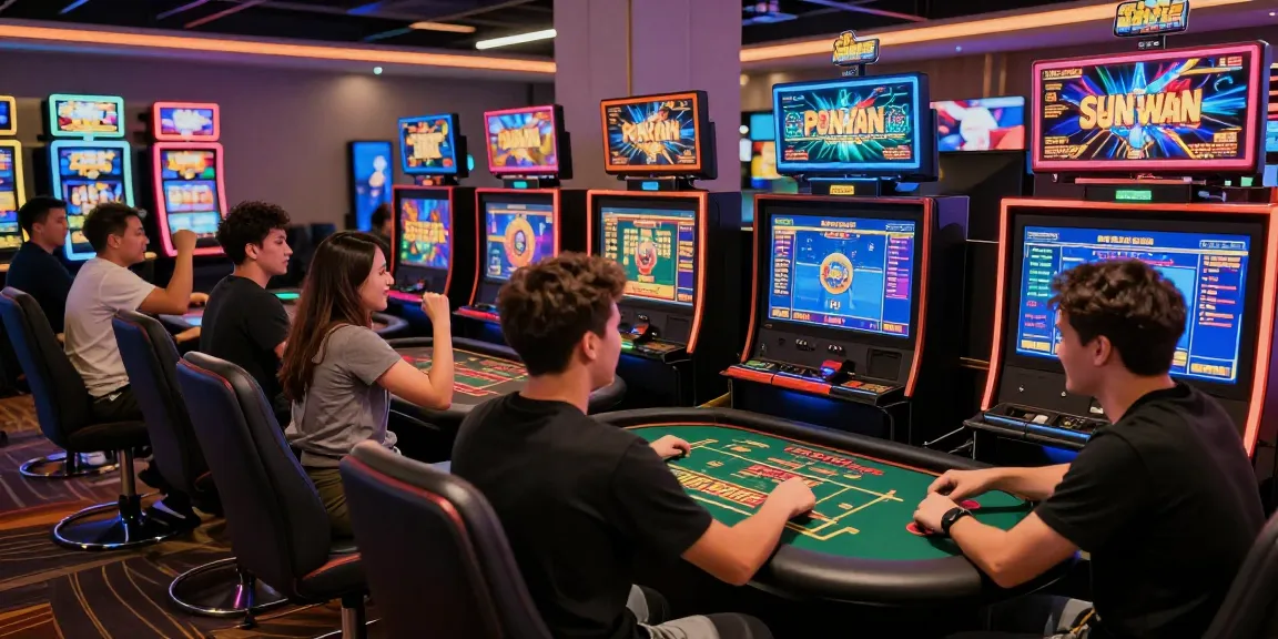Sun win players celebrating wins in vibrant online casino atmosphere with diverse games.