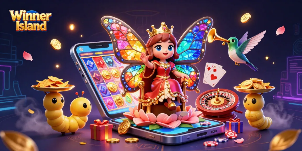 Spin big wins with Winner Island's 3D casino scene of vibrant characters and flowing casino elements.