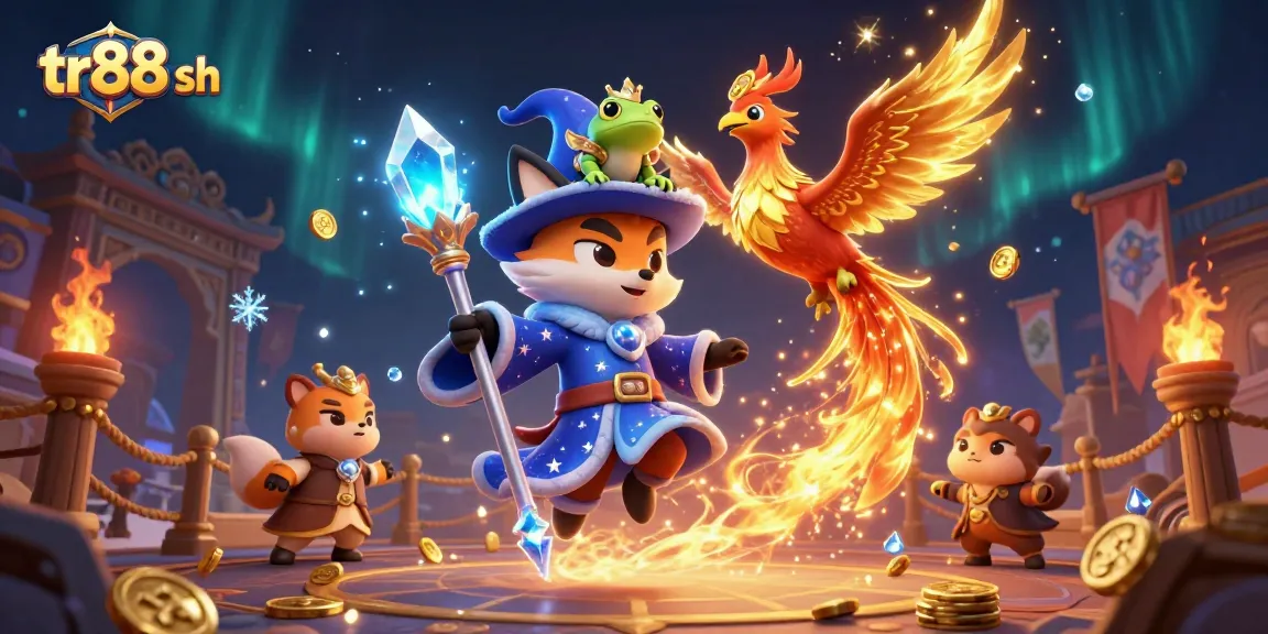 Experience the excitement of tr88 sh with dynamic visuals of a wizard fox and phoenix, surrounded by gold coins and sparkles.