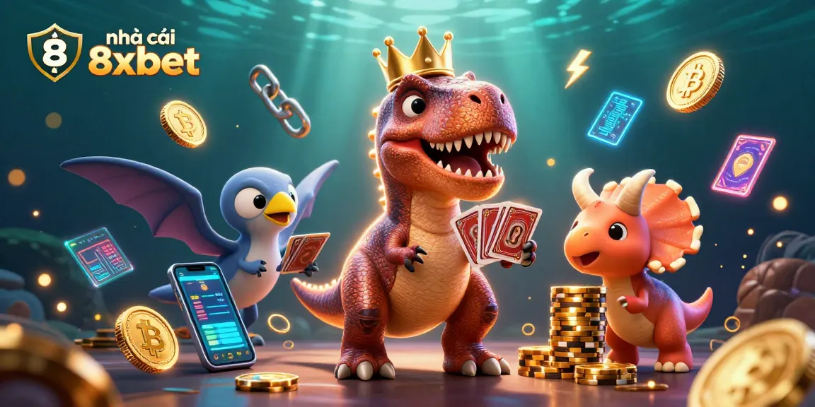 Experience the thrill of nhà cái 8xbet as a T-Rex shuffles cards and a pterodactyl assists in this vibrant casino scene.