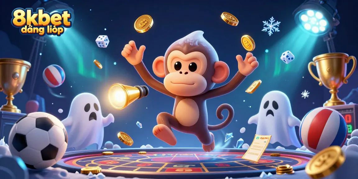 Experience the thrill of 8xbet đăng nhập in a lively haunted casino scene with a poltergeist monkey.