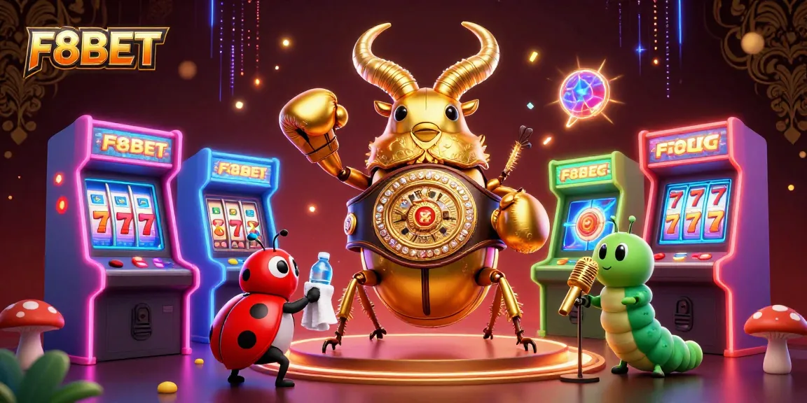 F8BET showcases dynamic gaming action with a golden stag beetle and vibrant casino elements.