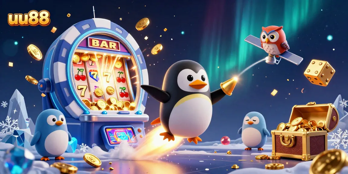 uu88 features an illustrated golden penguin racing to a casino space station with vibrant game symbols
