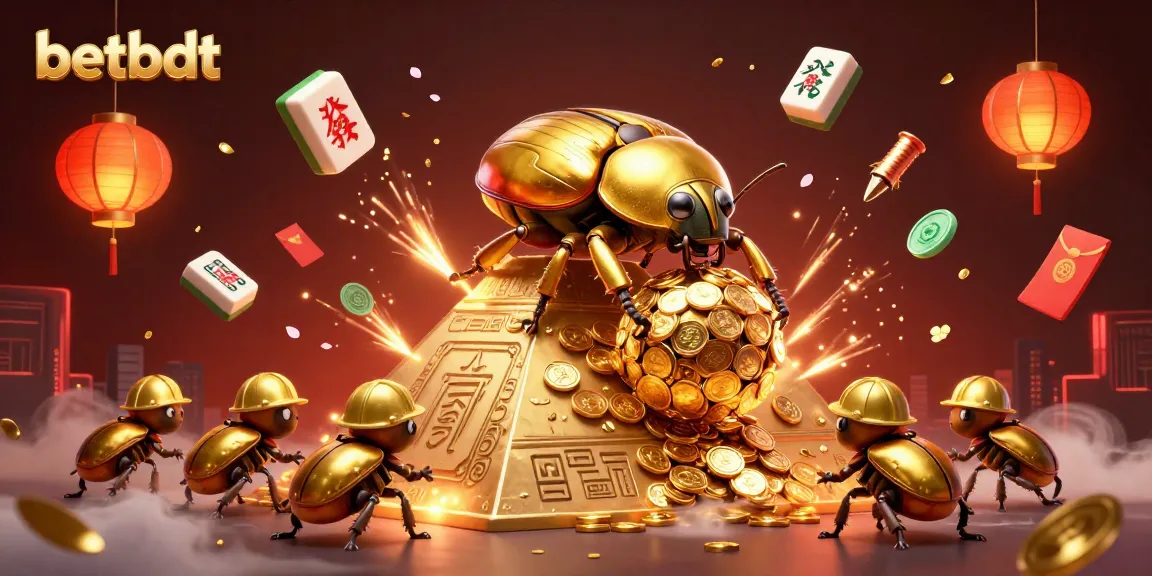 Experience luck with betbdt as golden beetles roll coins in a vibrant casino scene.