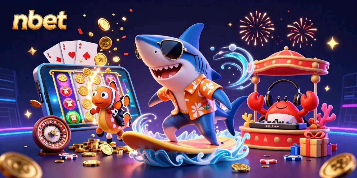 Experience nbet's thrilling atmosphere with a shark surfing gold coins, highlighting vibrant casino elements.