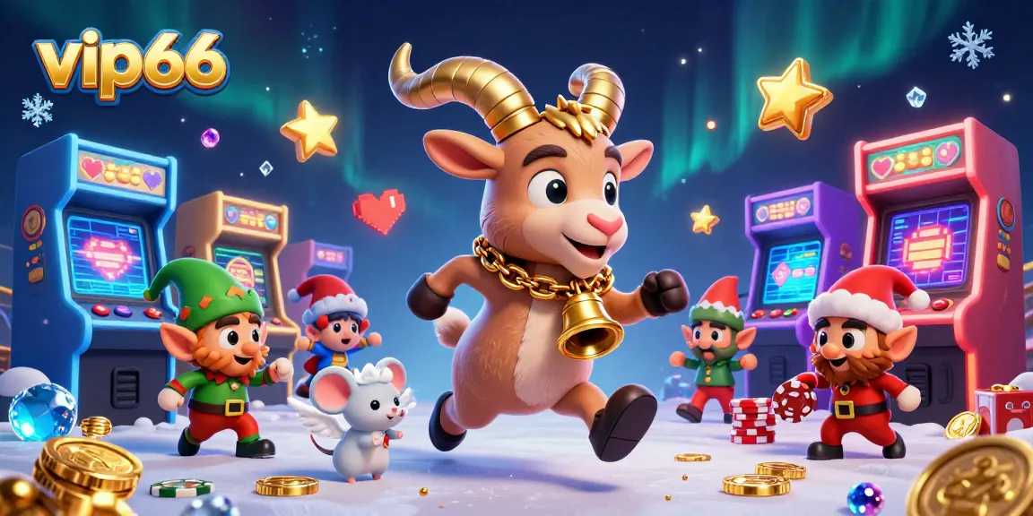 Experience the engaging vip66 casino with Krampus and festive elements in a vibrant, playful illustration.