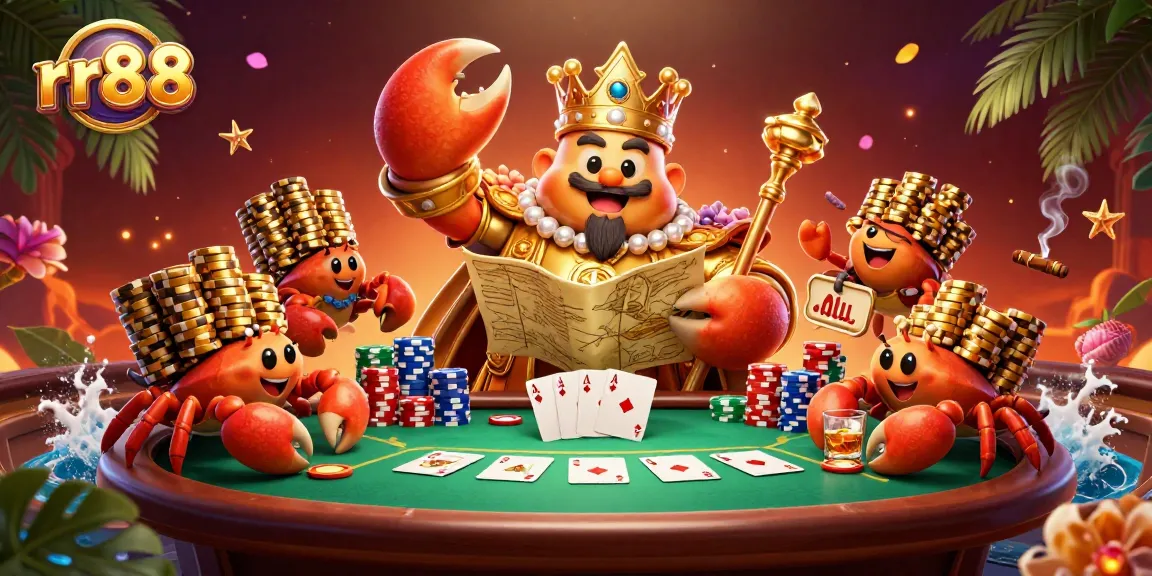 Engage in thrilling gameplay at rr88 with a vibrant casino illustration featuring a golden crab emperor.