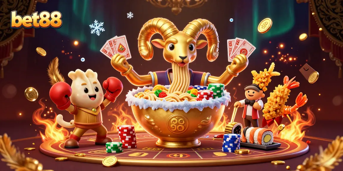 Engage with bet88 at the vibrant casino arena featuring a golden ramen bowl leading games and excitement.