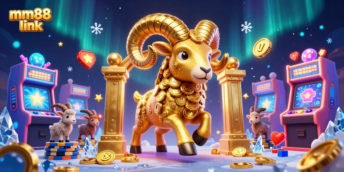 Engage with the mm88 link as a golden ram charges through a casino-themed backdrop filled with vibrant gaming elements.