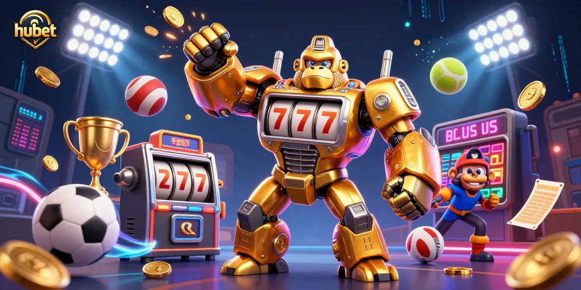 Join the fun at hubet with a dynamic illustration showcasing a golden gorilla mech amidst vibrant casino elements.