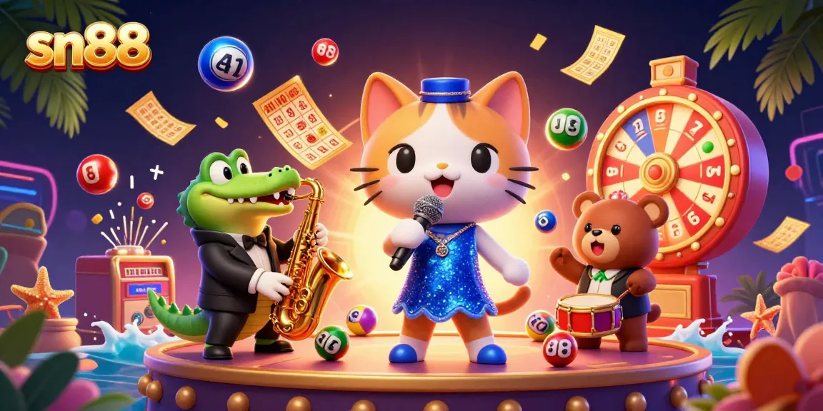 Colorful sn88 casino scene featuring a singing cat, jazz crocodile, and drumming bear amidst lively gaming elements.