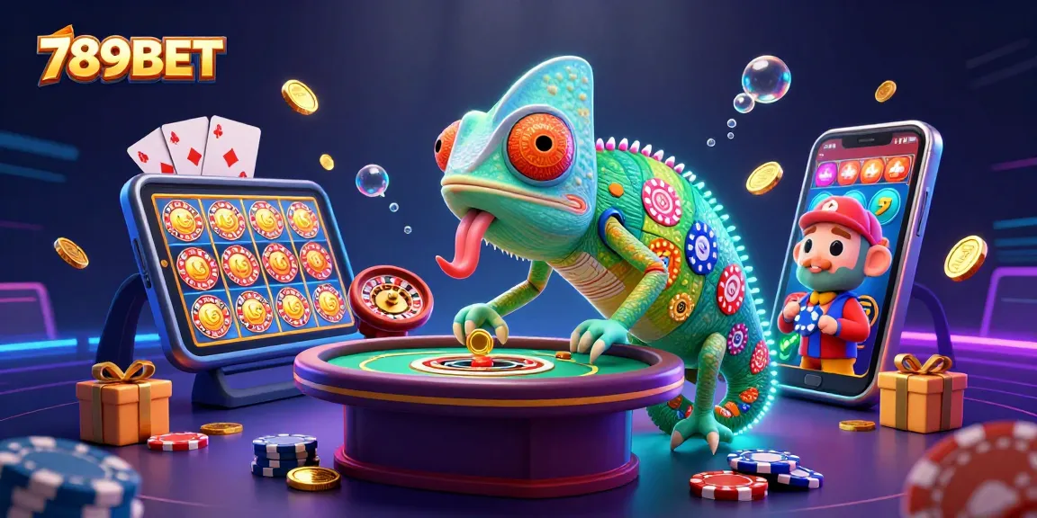 Engage with thrilling gaming at 789BET, featuring a vibrant chameleon owner amid interactive slots and roulette.