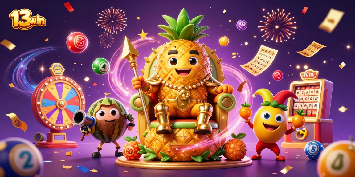 Experience exciting wins with 13win's vibrant casino atmosphere featuring a golden pineapple king.