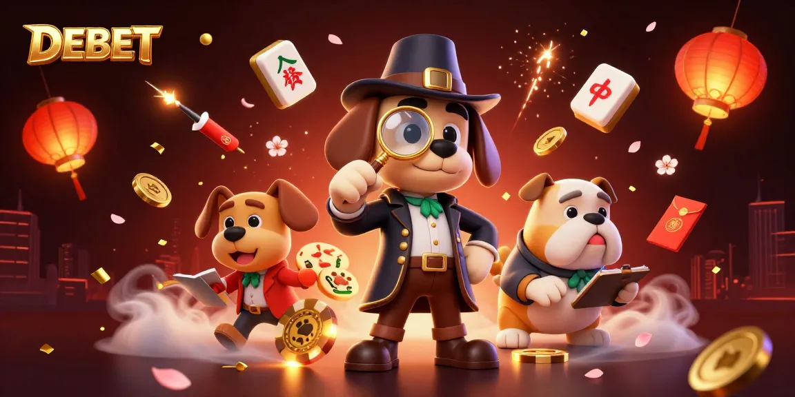 DEBET players immerse in thrilling clues with golden poker chip amidst vibrant casino elements