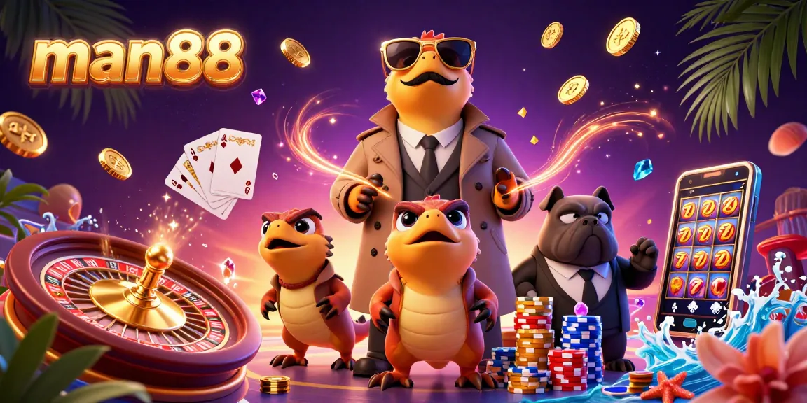 Experience thrilling gaming at man88 with whimsical raptors in a casino scene bursting with excitement.