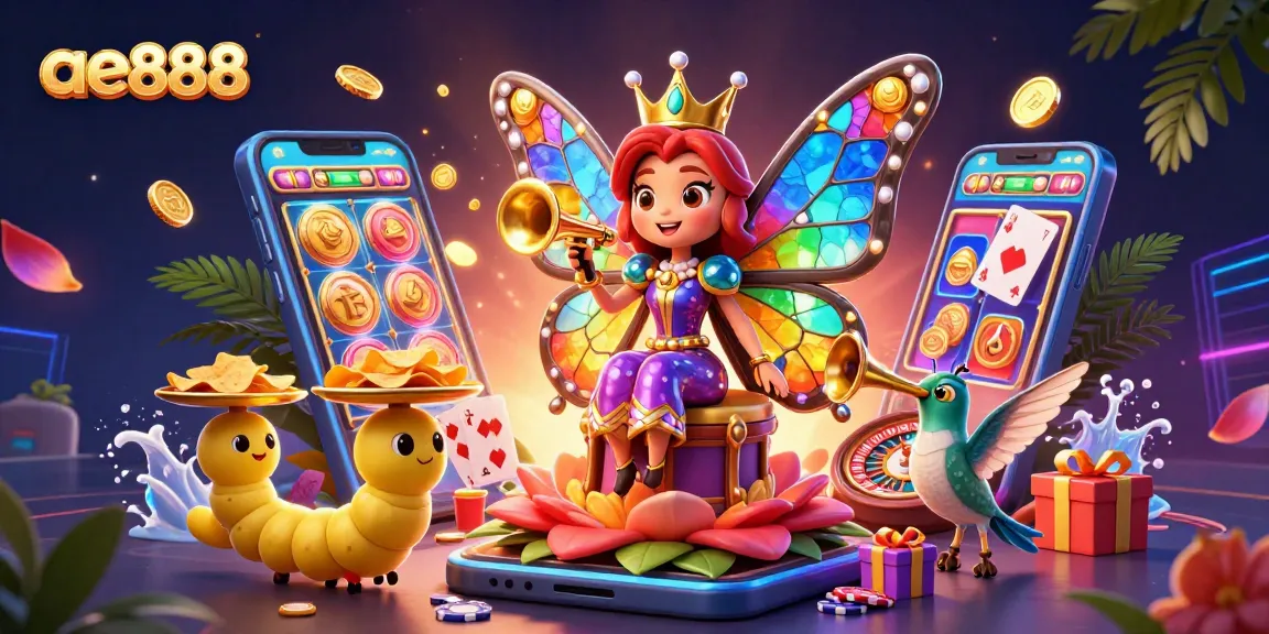 Experience thrilling gaming with ae888's vibrant casino-inspired illustration featuring colorful gameplay elements.