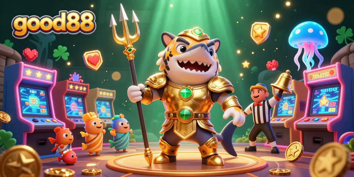 Experience thrilling underwater gaming action with good88's vibrant 3D shark gladiator illustration.