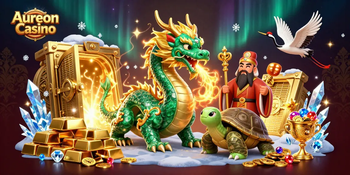 Aureon Casino showcases vibrant 3D imagery with a jade dragon and lucky cranes, celebrating online gaming.