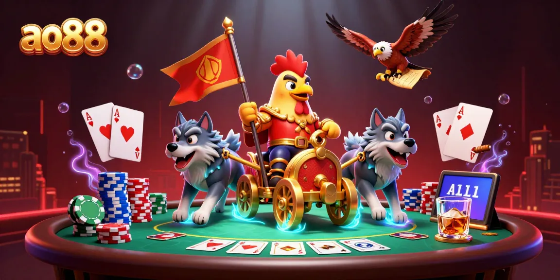 Experience ao88's thrilling gaming atmosphere with a dynamic rooster warlord and poker elements!