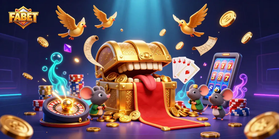 Experience thrilling wins with FABET's captivating casino scene featuring treasure chests and vibrant gameplay.
