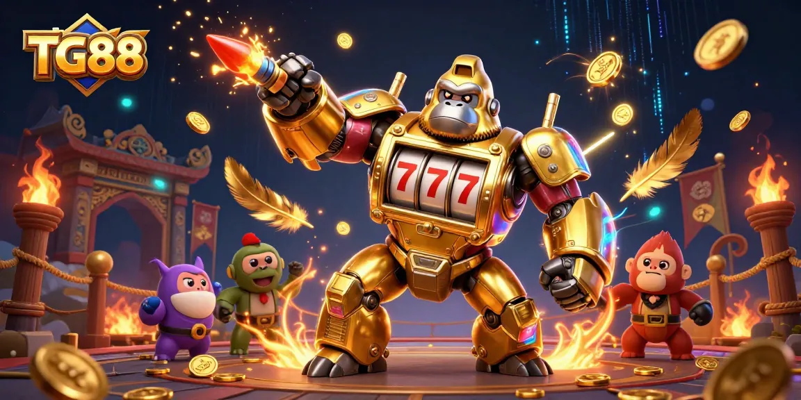 Engage with TG88's exciting gaming experience, featuring a dynamic golden gorilla mech and immersive casino elements.