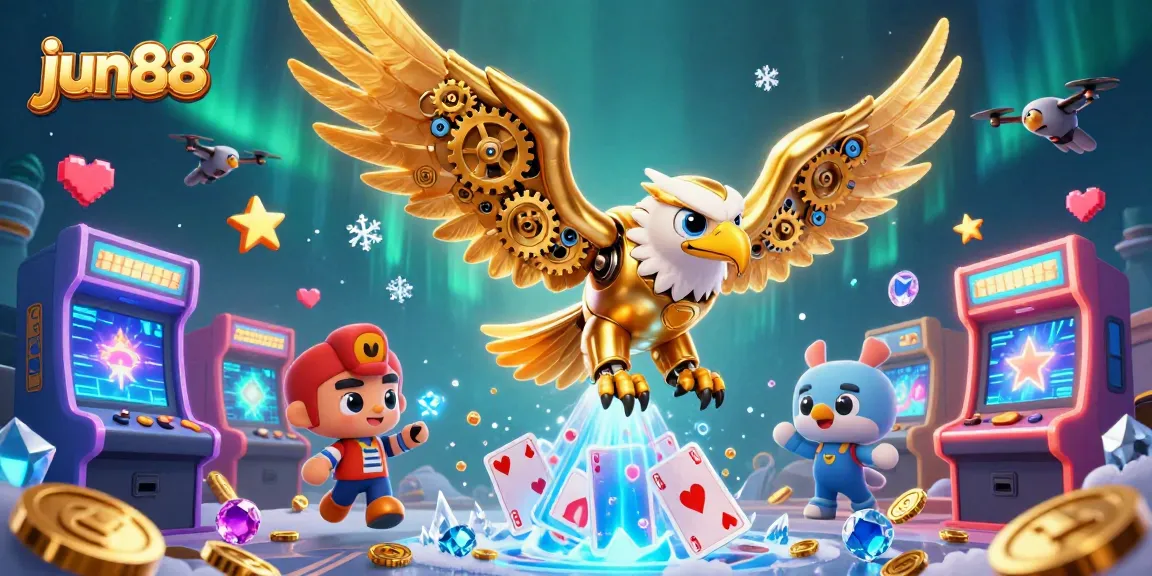 Experience excitement with jun88 as the golden eagle dives through holographic cards in a vibrant digital casino scene.