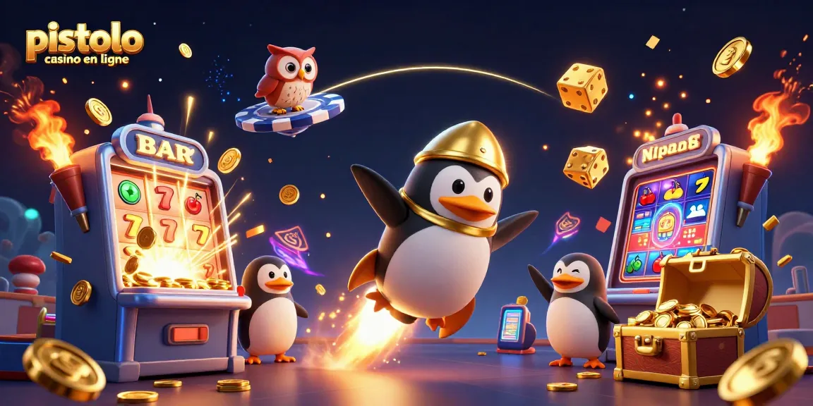 Speel op pistolo casino en ligne met een 3D afbeelding van een gouden pinguïn en gokkasten vol met munten.