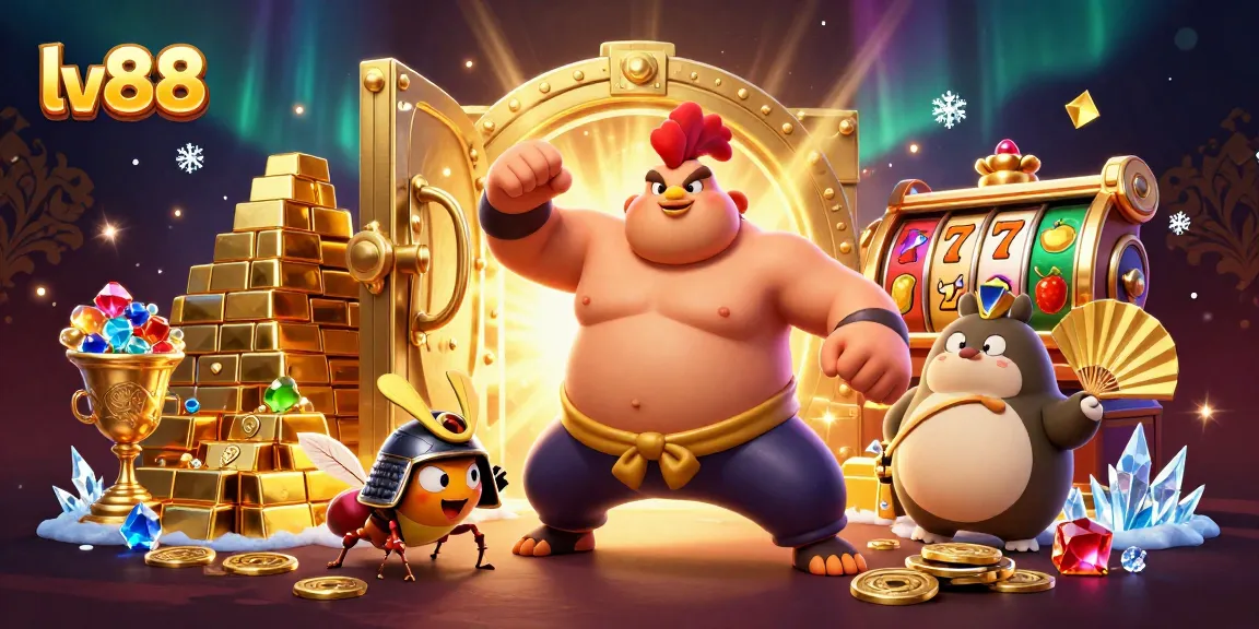 Experience the excitement of lv88 with a lively 3D illustration featuring slot games and dynamic characters.