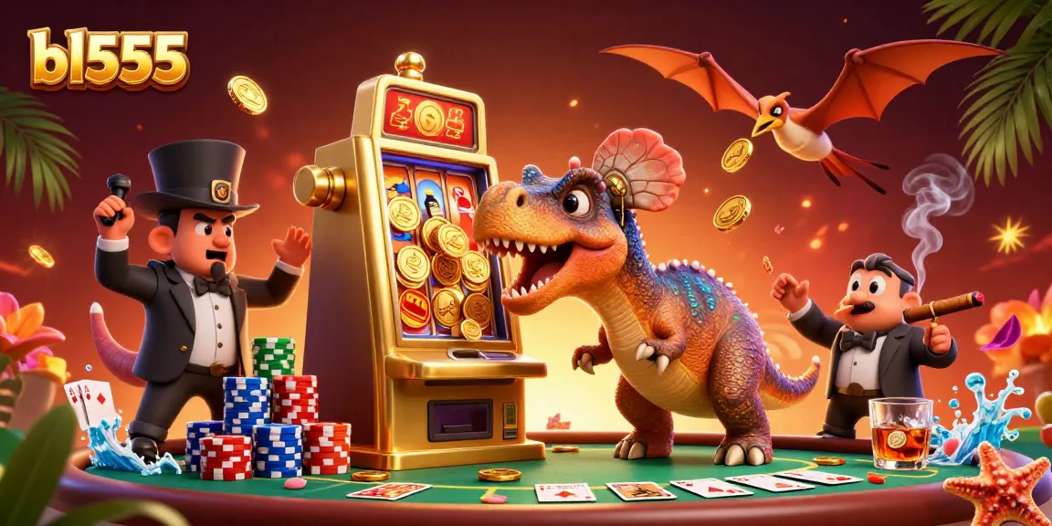 Experience thrilling wins at bl555 with a pachycephalosaurus celebrating jackpotted coins in an animated casino.